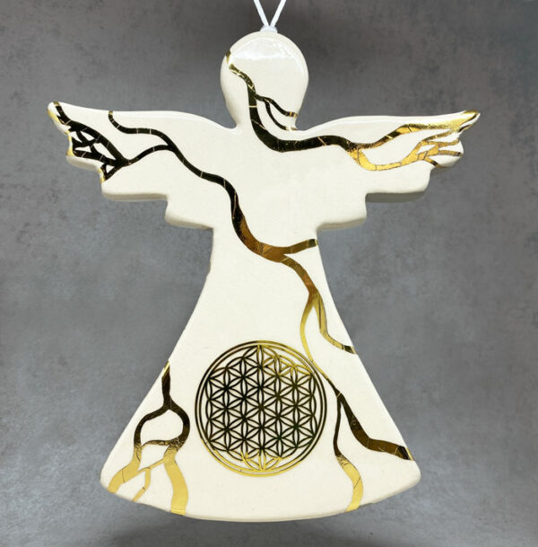 Ange en céramique à la fleur de vie, décoré à l'or véritable, amulette ange