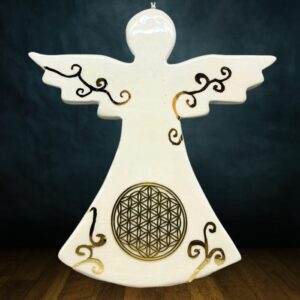 Ange en céramique à la fleur de vie, décoré à l'or véritable, amulette ange