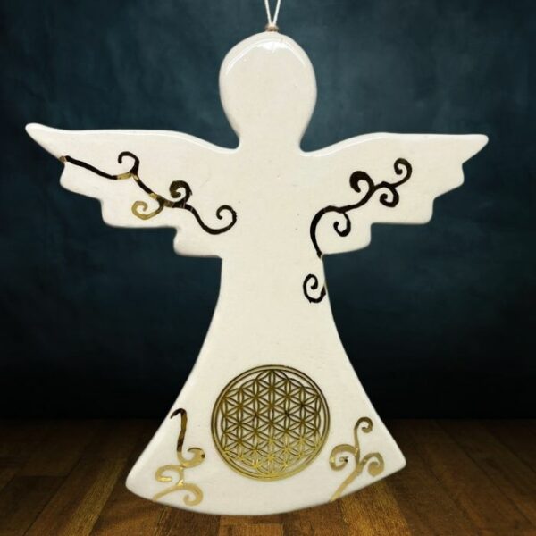 Ange en céramique à la fleur de vie, décoré à l'or véritable, amulette ange