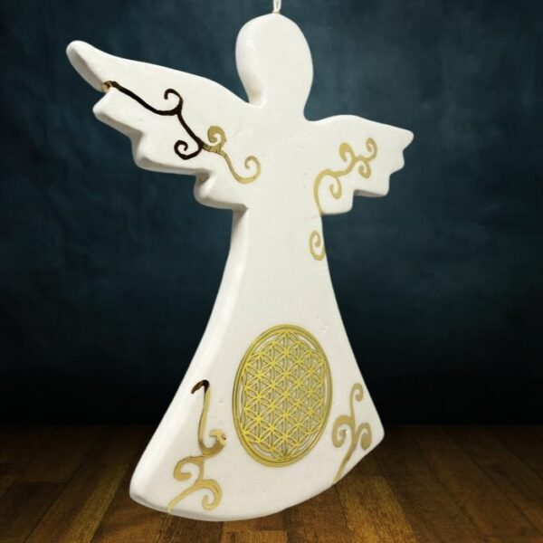 Ange en céramique à la fleur de vie, décoré à l'or véritable, amulette ange