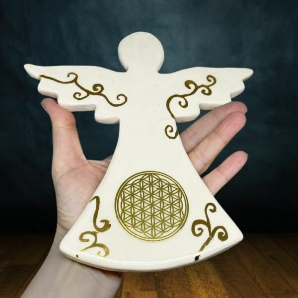 Ange en céramique à la fleur de vie, décoré à l'or véritable, amulette ange