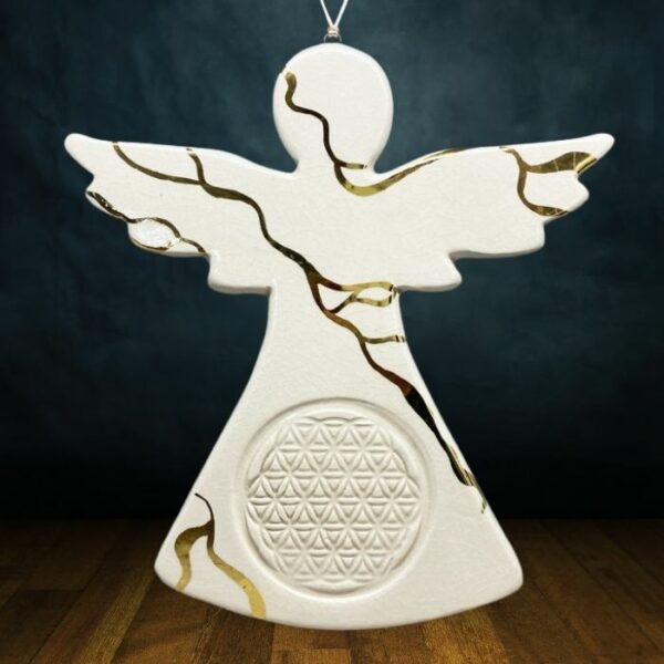 Ange en céramique à la fleur de vie, décoré à l'or véritable, amulette ange