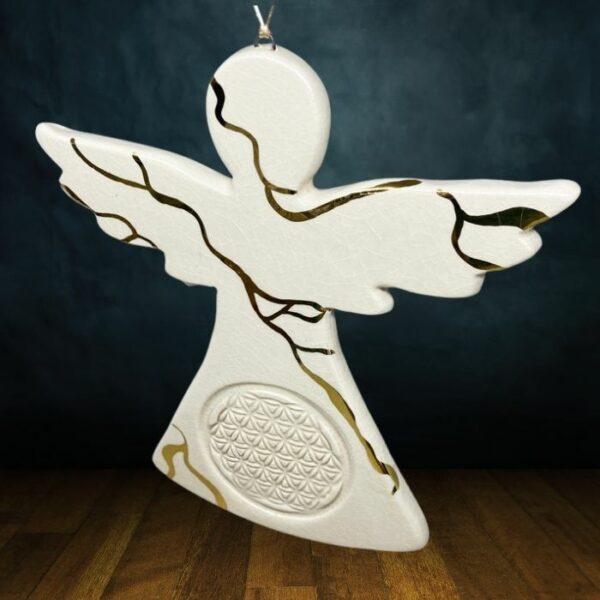 Ange en céramique à la fleur de vie, décoré à l'or véritable, amulette ange