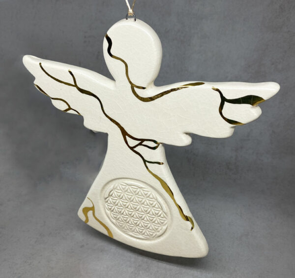 Ange en céramique à la fleur de vie, décoré à l'or véritable, amulette ange