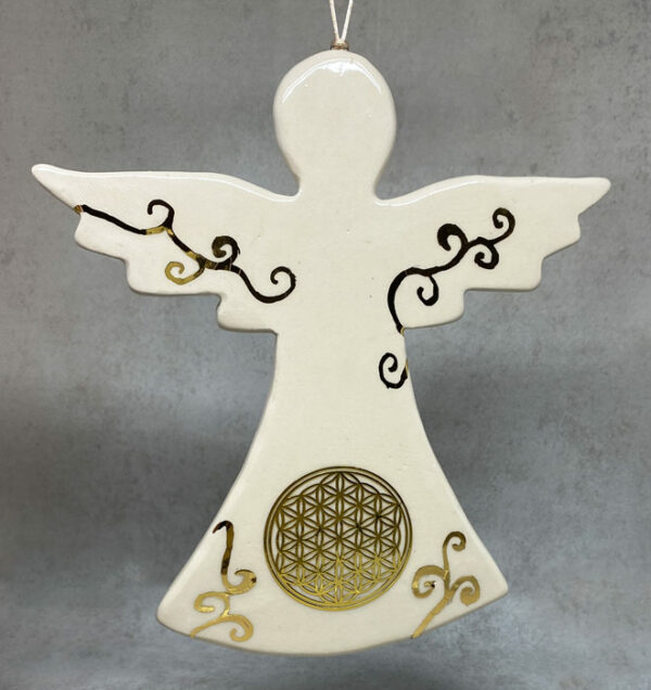 Ange en céramique à la fleur de vie, décoré à l'or véritable, amulette ange
