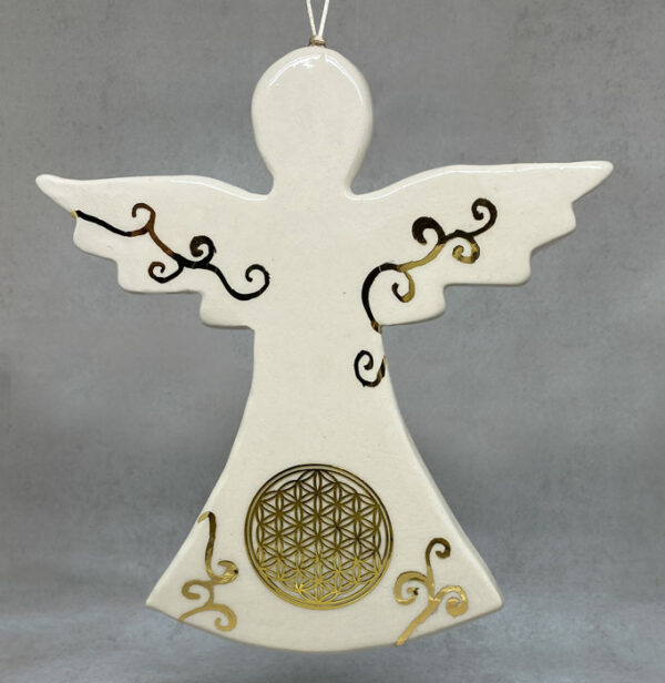 Ange en céramique à la fleur de vie, décoré à l'or véritable, amulette ange