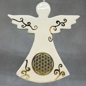 Ange en céramique à la fleur de vie, décoré à l'or véritable, amulette ange