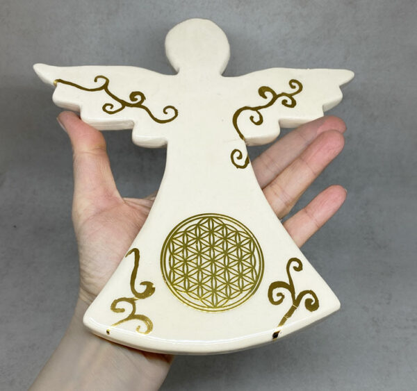 Ange en céramique à la fleur de vie, décoré à l'or véritable, amulette ange